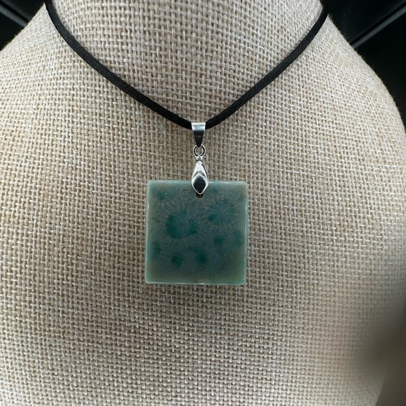 Light Green Coral Fossil Pendant Necklace on Black Satin Rope - Picture 2 of 15